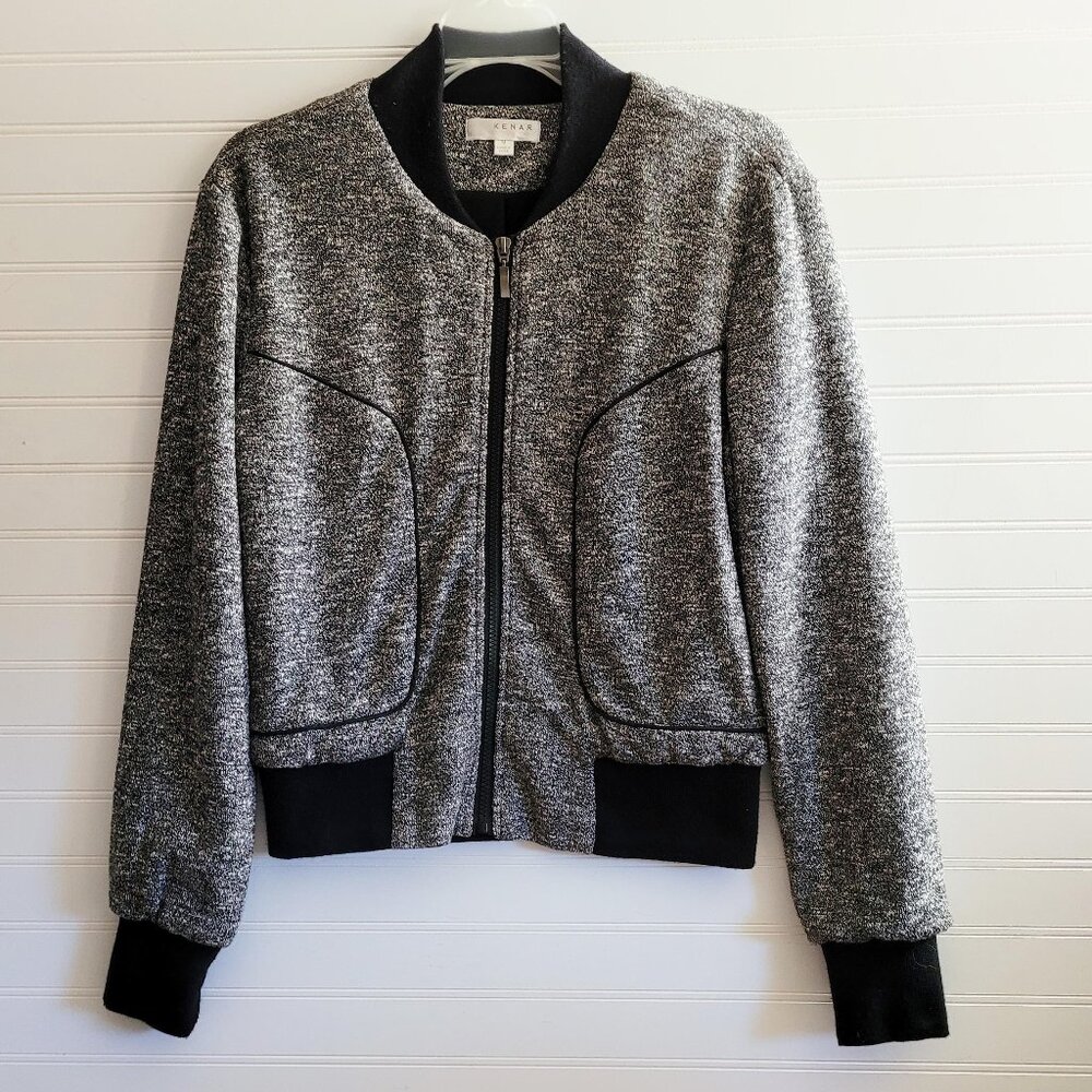 Kenar Women's Bomber Jacket Med Black and Cream Zip Up Pockets Lined Athleisure